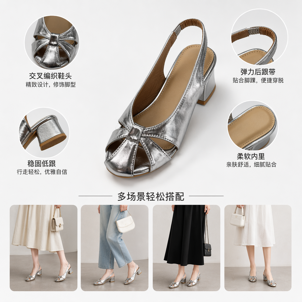 Silver bow women's sandals are breathable, simple and fashionable in summer