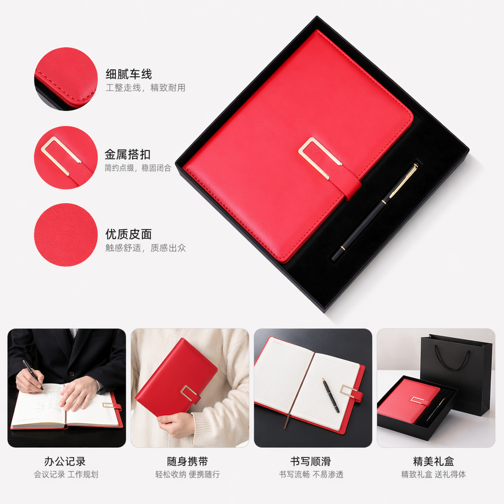 红色皮质笔记本配黑色钢笔商务简约办公文具套装