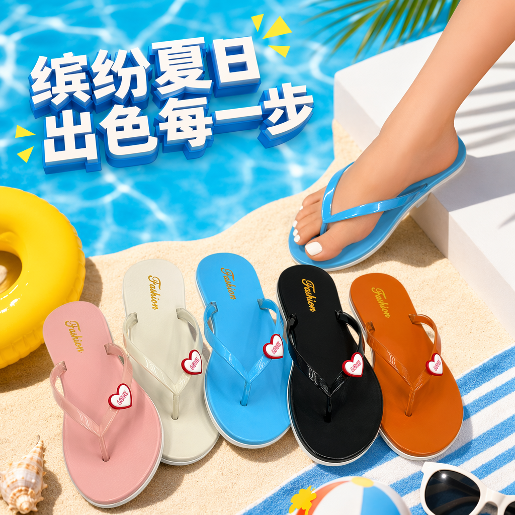 Colorful herringbone slippers are available in five colors: orange, black, blue, beige and pink. The toe is decorated with a red center Specification image