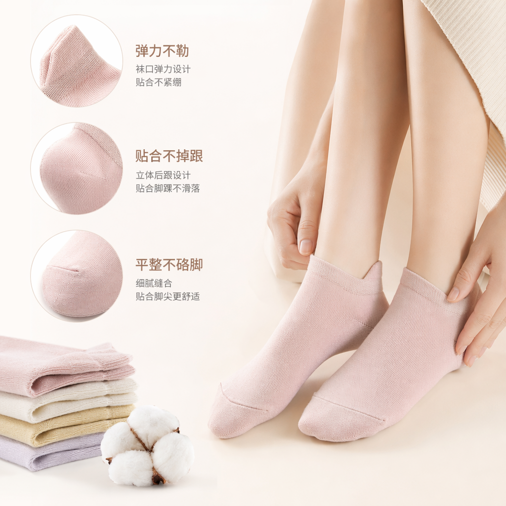 粉色纯棉短袜男女同款透气吸汗运动休闲袜