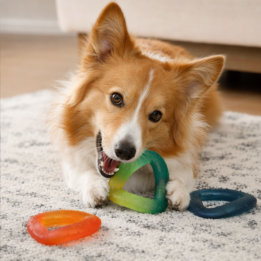 Colorful triangular jelly gradient color dog chew toy, natural rubber pet teeth grinding and cleaning, durable to chew