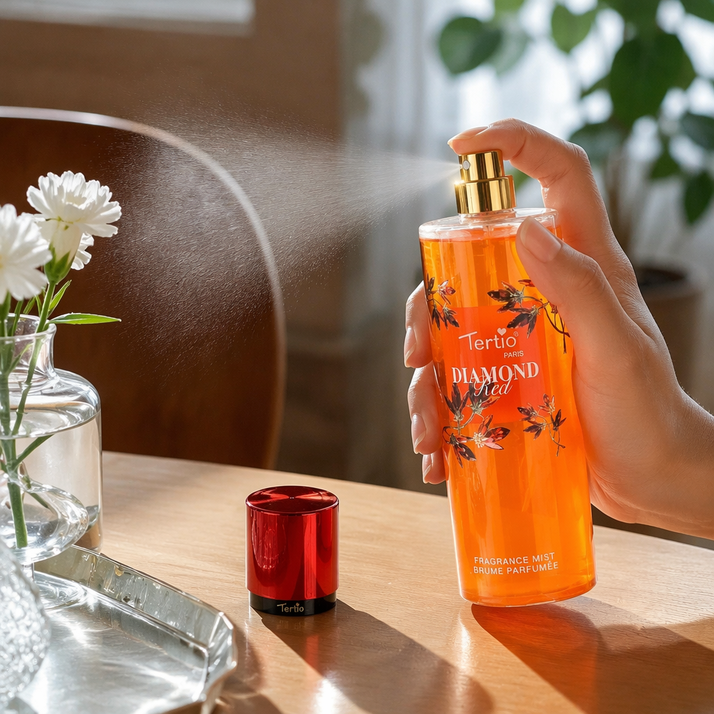 Orange perfume spray bottle with Red cap Tertio PARIS DIAMOND Red floral pattern details Picture