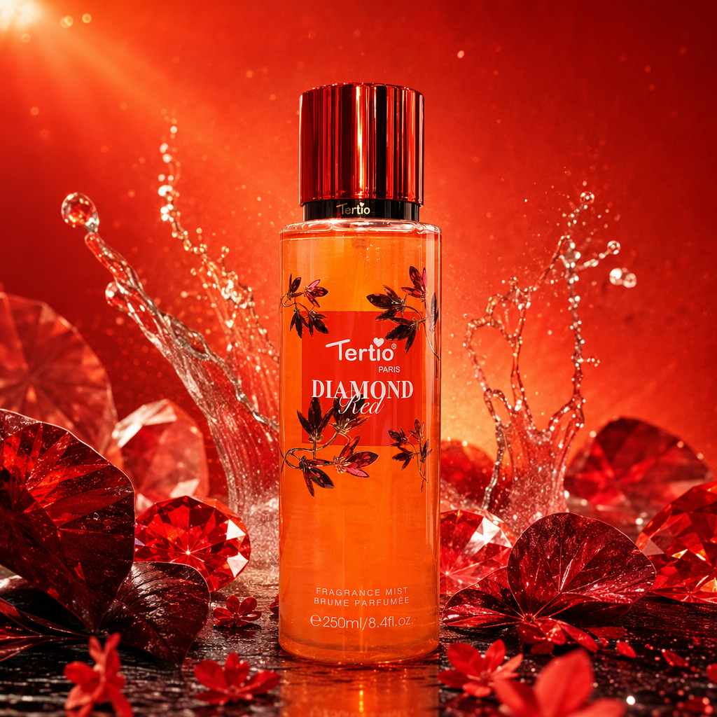 Orange perfume spray bottle with Red cap Tertio PARIS DIAMOND Red floral pattern Specification image