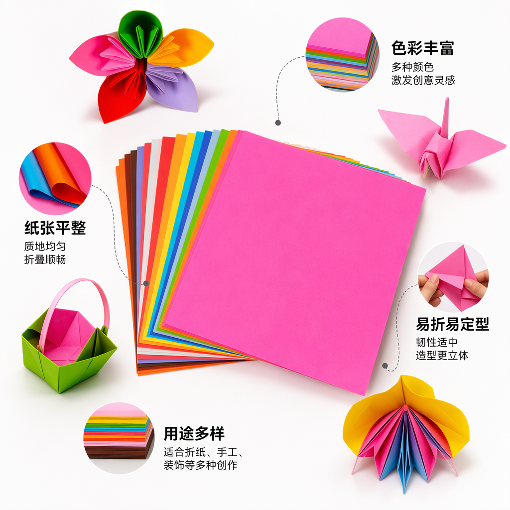 彩色正方形折纸堆叠套装 前景粉色纸张突出 后方多色层叠 黄色背景 彩色纸花与粉色千纸鹤装饰