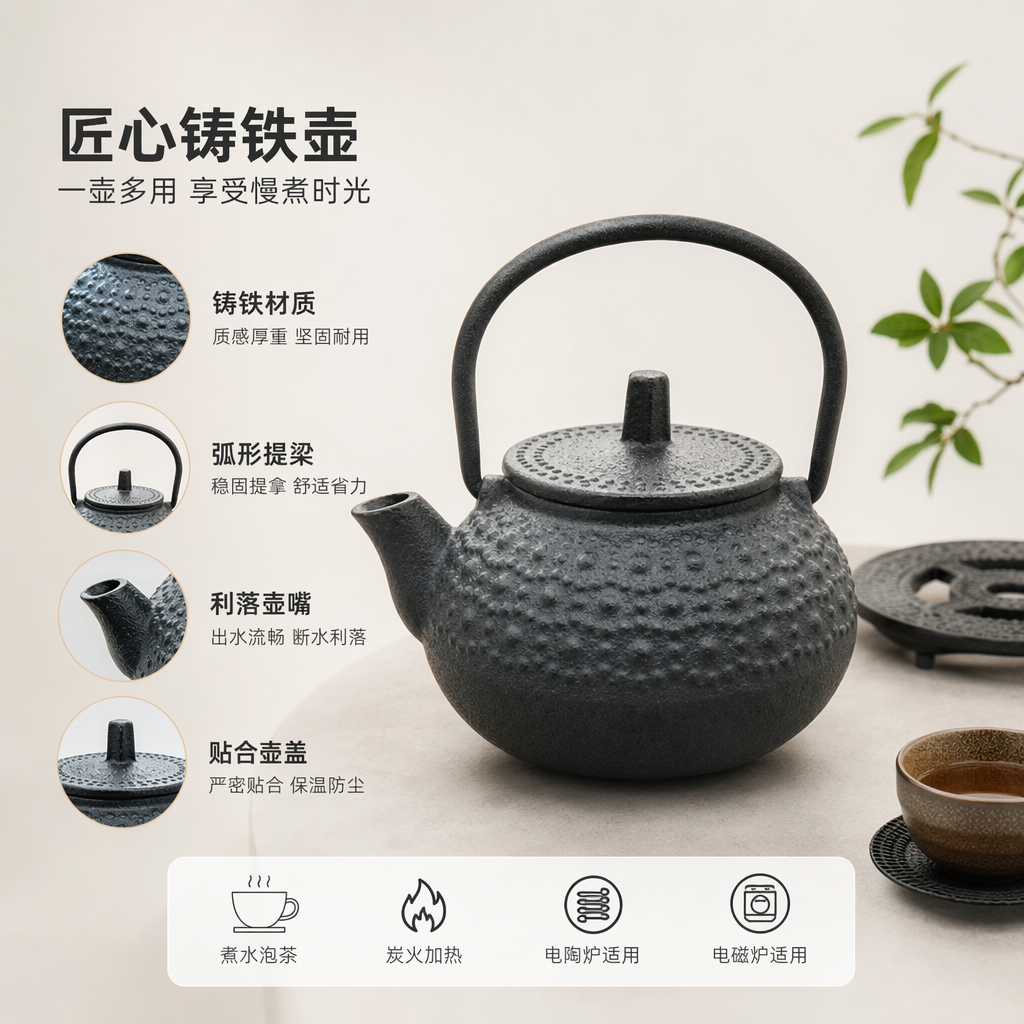 黑色锤纹铁壶 日式煮水壶 家用养生茶具 手工锻打