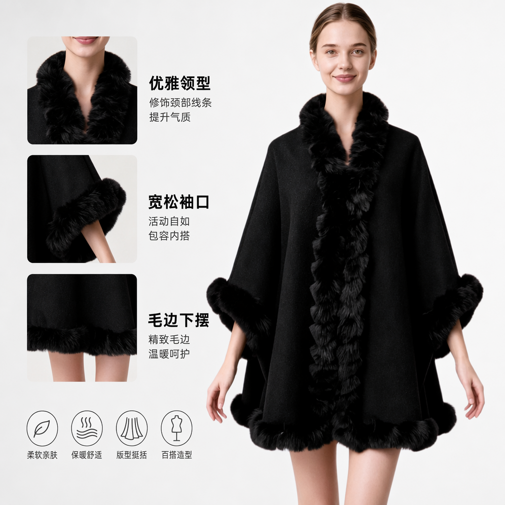 The black woolen cape features a black plush collar, cuffs and hem decoration The black woolen cape features a black plush collar, cuffs and hem decoration