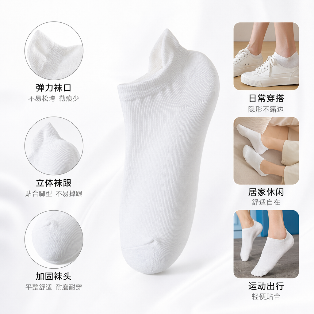 纯棉白色袜子男女同款透气吸汗中筒袜