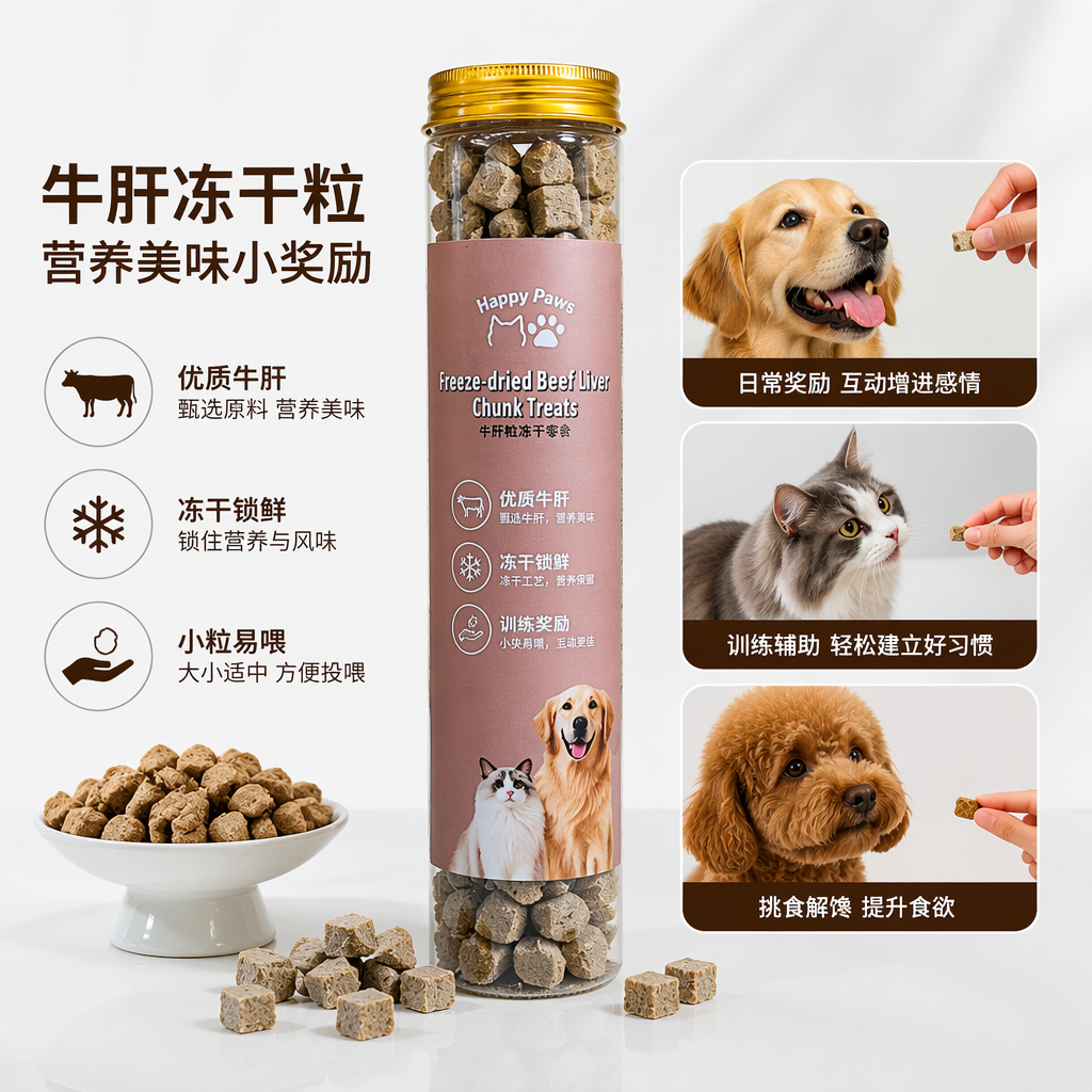 宠物冻干瓶装牛肝冻干宠物零食 金色瓶盖 双语标签 灰褐色块状