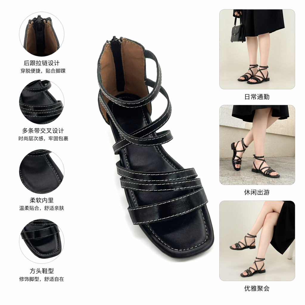 Black Roman-style sandals for women, summer breathable and casual flat sandals