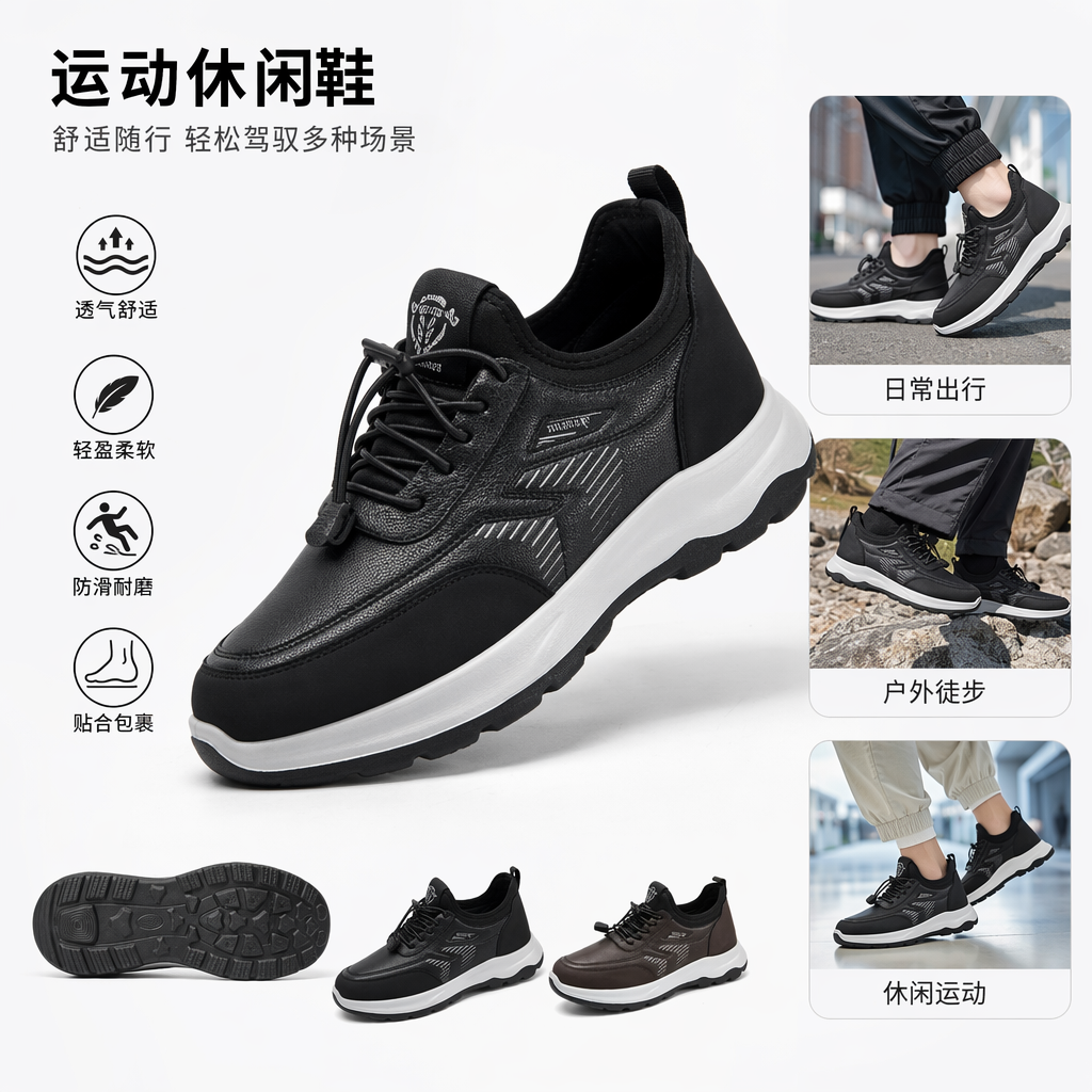 松紧扣免系鞋带  防水皮面  厚底缓震  防滑户外鞋底 pu鞋底