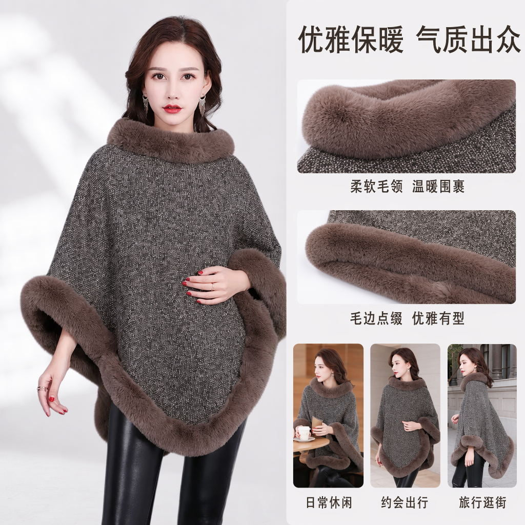 A real photo of a female model with a grey woolen cape and a brown fox fur leader's mouth A real photo of a female model with a grey woolen cape and a brown fox fur leader's mouth
