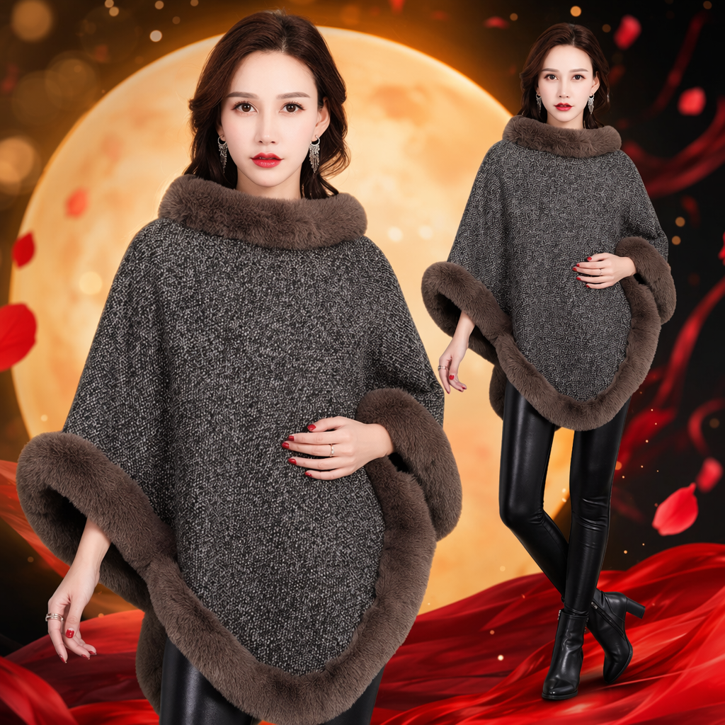 A real photo of a female model with a grey woolen cape and a brown fox fur leader's mouth Specification image