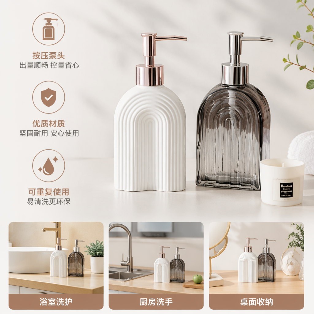 A set of home aromatherapy storage containers featuring a white arc-shaped texture press bottle and a grey glass press bottle full image