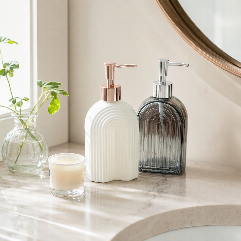 A set of home aromatherapy storage containers featuring a white arc-shaped texture press bottle and a grey glass press bottle details Picture