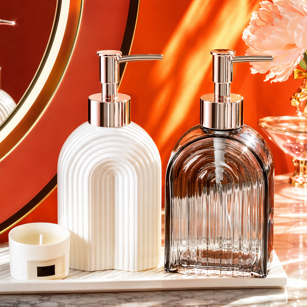A set of home aromatherapy storage containers featuring a white arc-shaped texture press bottle and a grey glass press bottle Specification image
