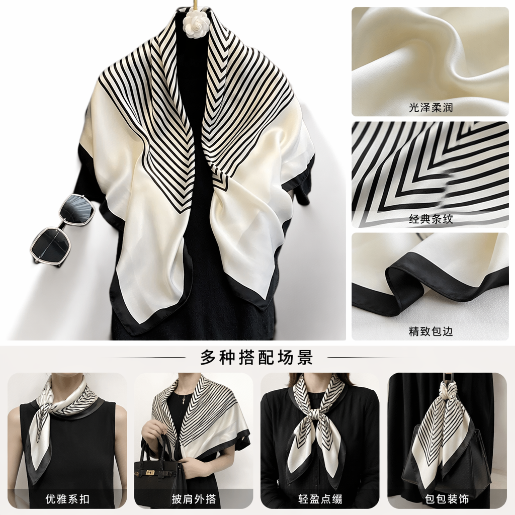 Black and white striped silk small square scarf, a fashionable and versatile silk scarf for women full image