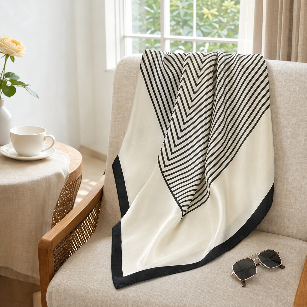 Black and white striped silk small square scarf, a fashionable and versatile silk scarf for women details Picture