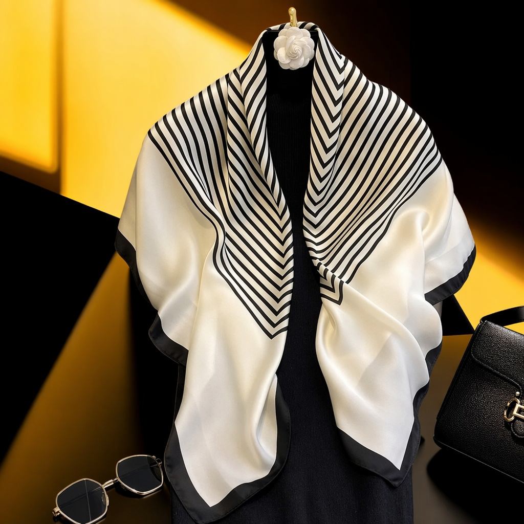 Black and white striped silk small square scarf, a fashionable and versatile silk scarf for women Specification image