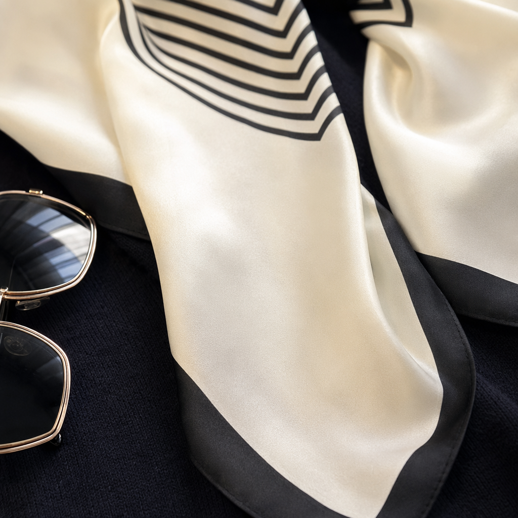 Black and white striped silk small square scarf, a fashionable and versatile silk scarf for women Application Scenario