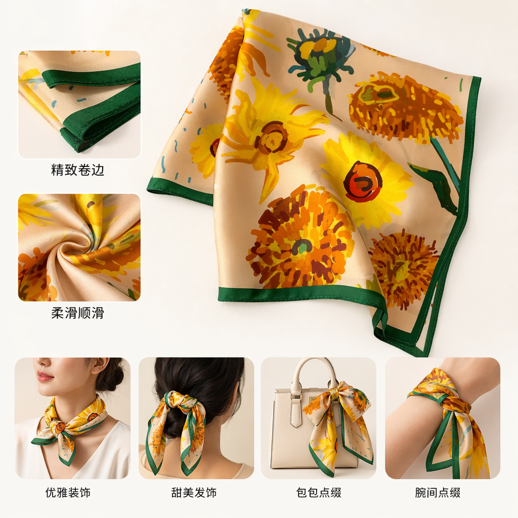 A thin silk scarf with colorful floral patterns for women in spring and summer