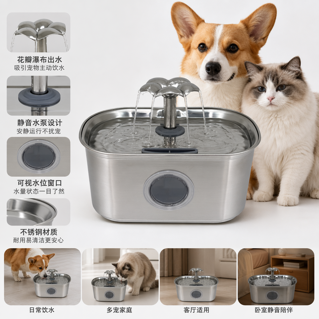 银色不锈钢宠物自动饮水机静音节能循环过滤