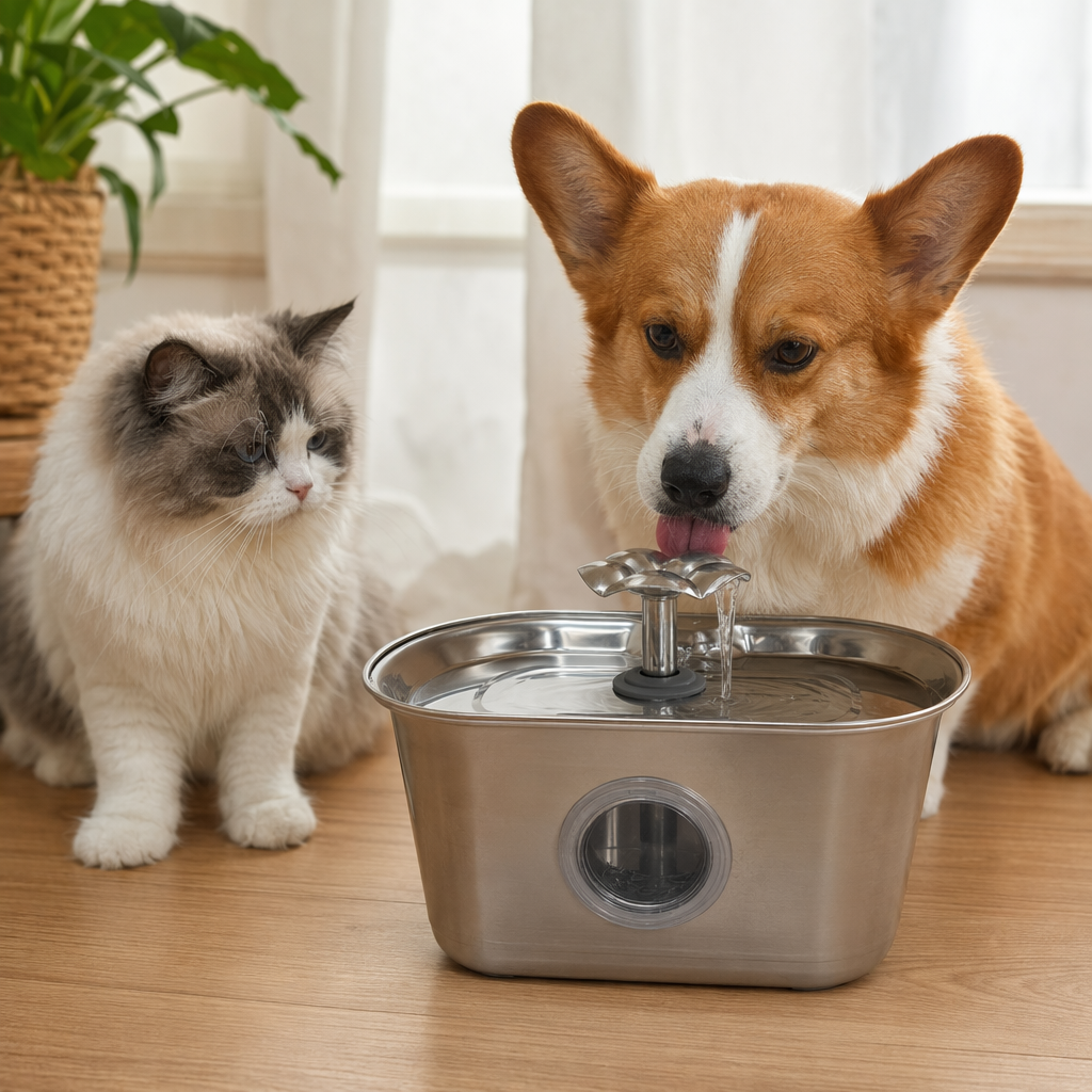 Circular window flower water outlet square silver stainless steel pet automatic water dispenser, silent, energy-saving, circulating filtration details Picture