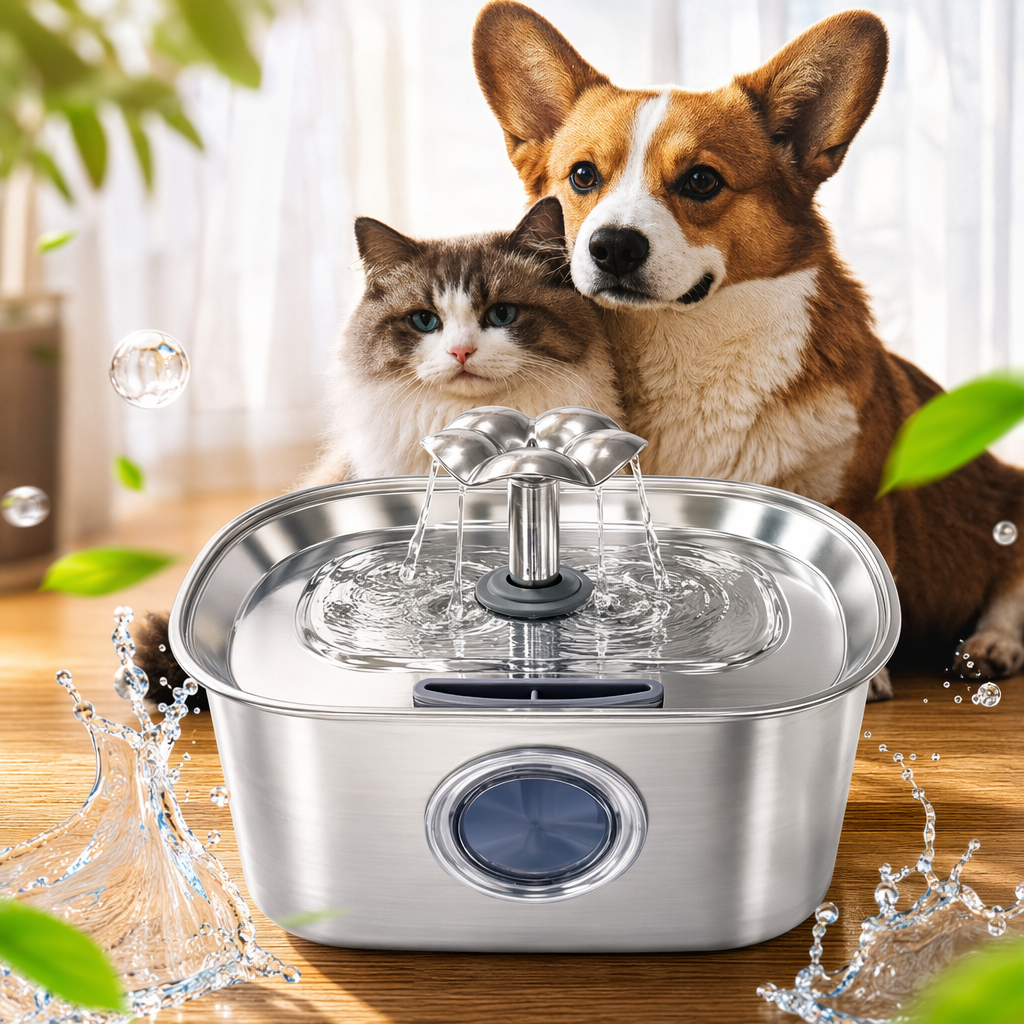 Circular window flower water outlet square silver stainless steel pet automatic water dispenser, silent, energy-saving, circulating filtration Specification image