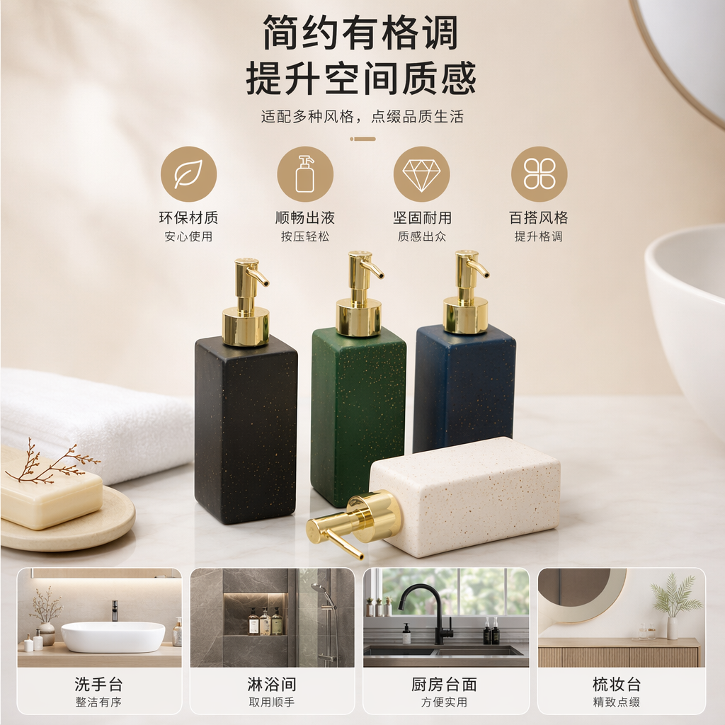 方形皂液瓶 黑色绿色蓝色白色带金色泵头