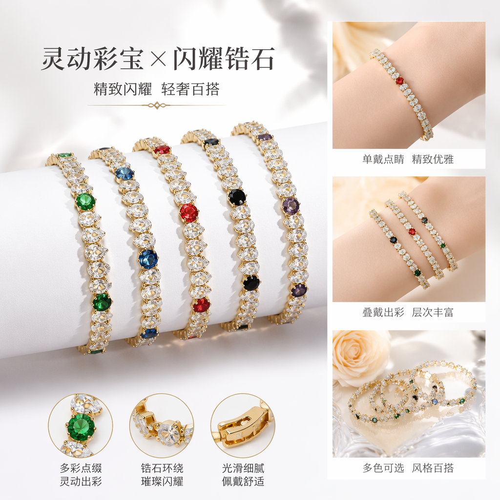 金色镶钻手链彩色宝石点缀轻奢时尚女士手饰