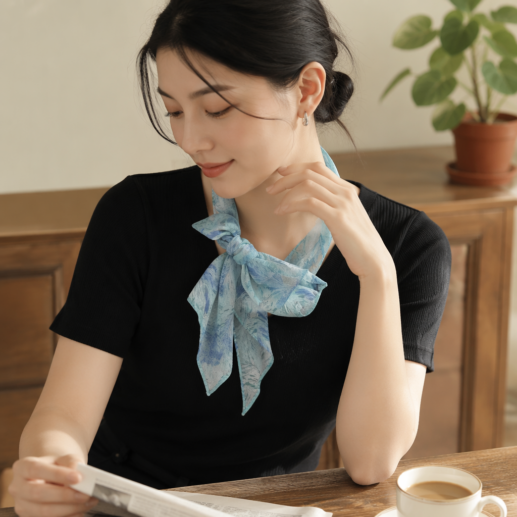 The blue-green printed silk scarf is a thin and fashionable choice for women in spring and summer details Picture