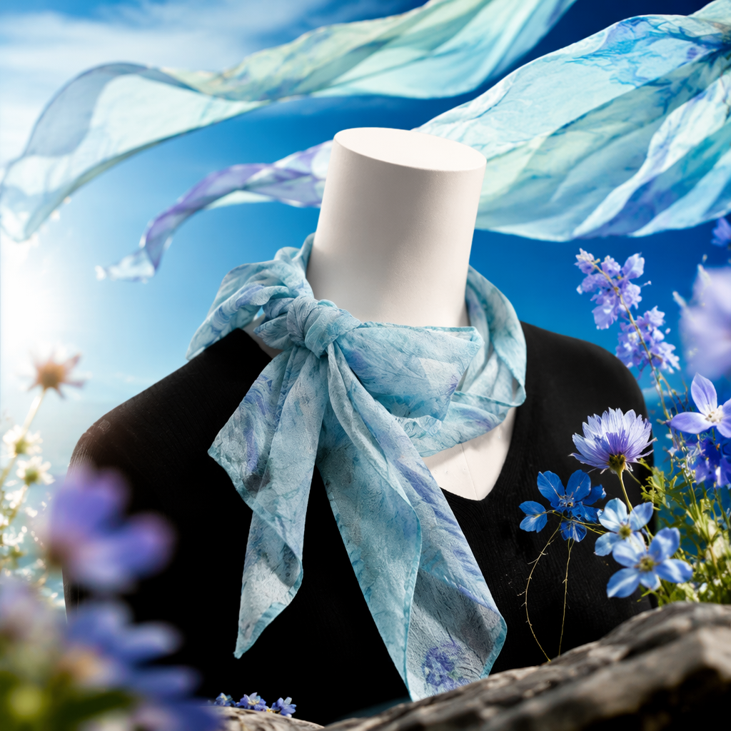 The blue-green printed silk scarf is a thin and fashionable choice for women in spring and summer Specification image