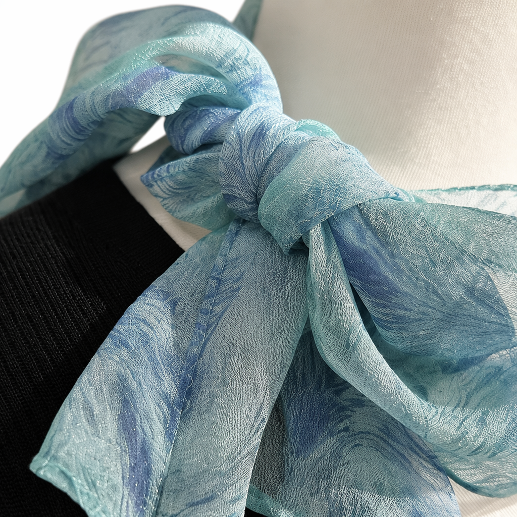 The blue-green printed silk scarf is a thin and fashionable choice for women in spring and summer Application Scenario