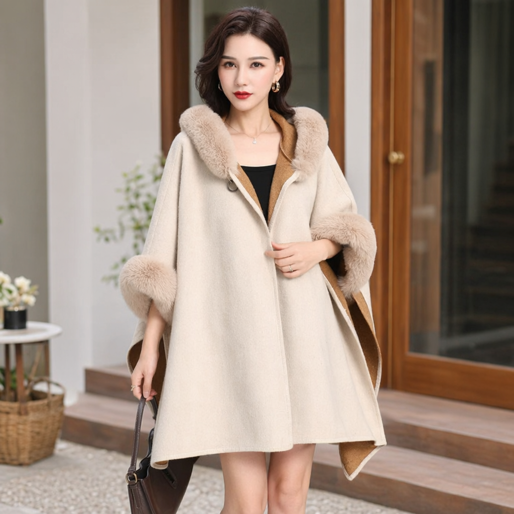 A thick and warm new autumn and winter coat for women with a beige fur collar cape details Picture