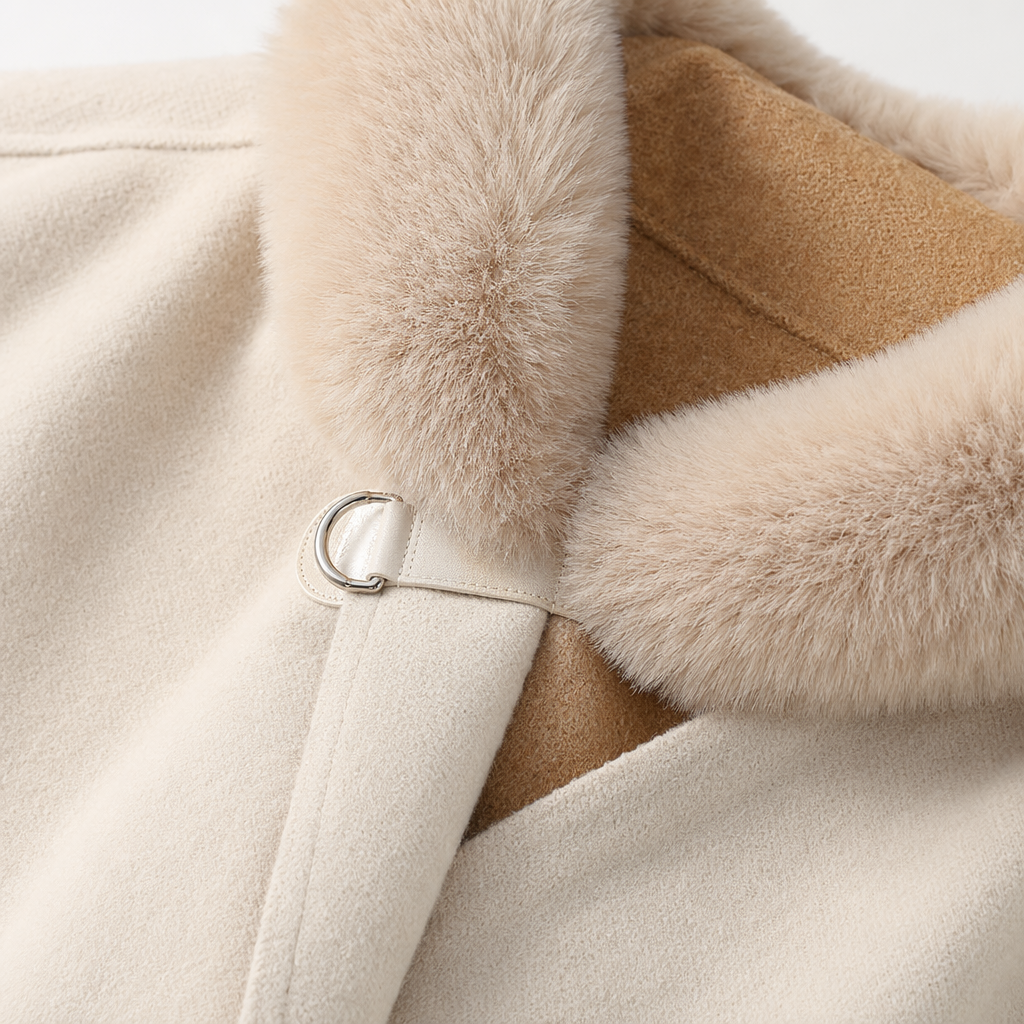 A thick and warm new autumn and winter coat for women with a beige fur collar cape Application Scenario