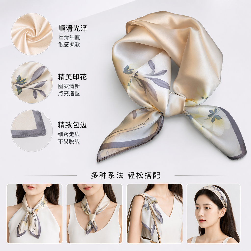 Beige silk printed square scarf, a light and breathable silk scarf for women in spring and summer