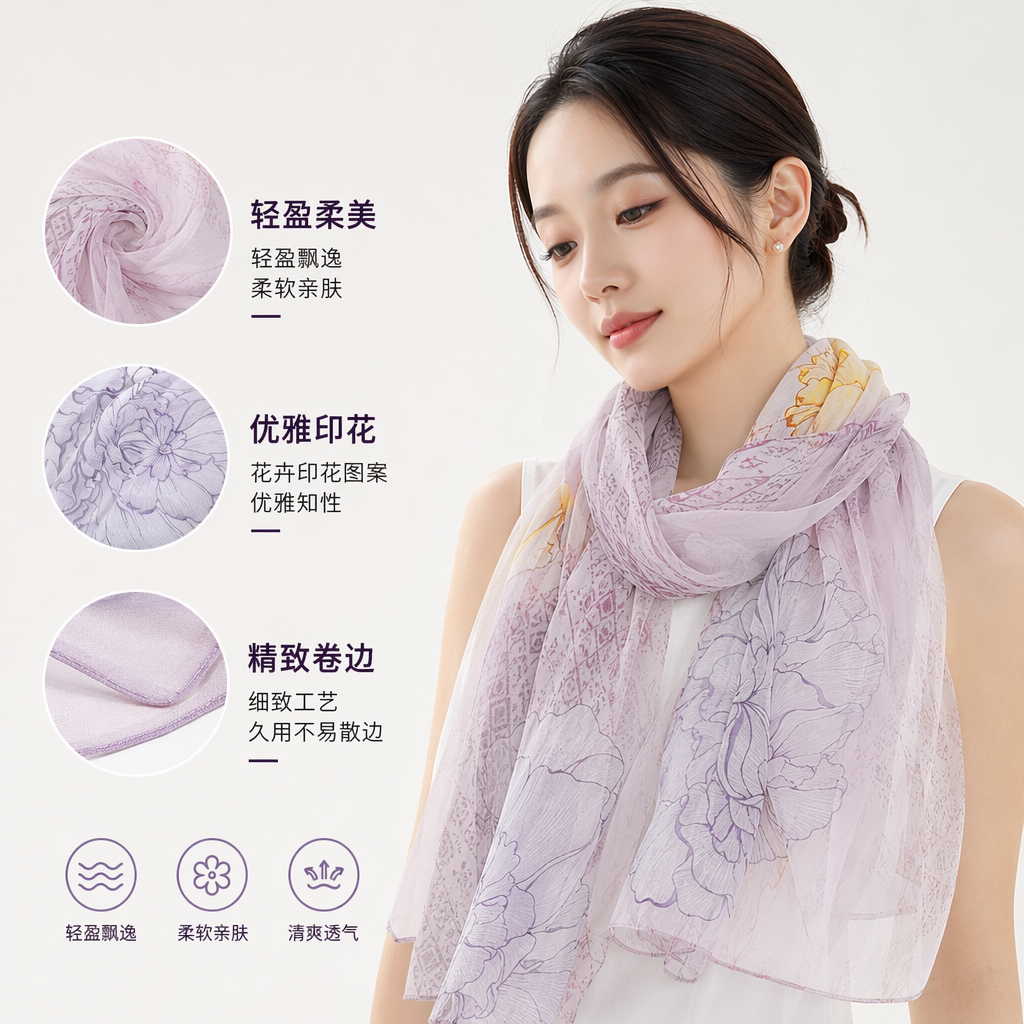 This light purple gradient printed silk scarf is a light and breathable spring and summer scarf for women
