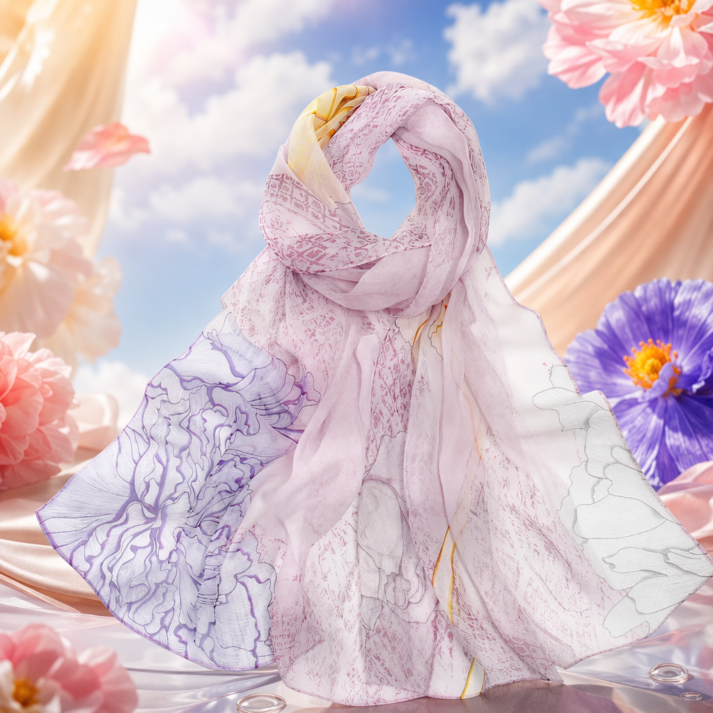 淡紫色渐变印花真丝丝巾女士春夏围巾轻盈透气 Specification image