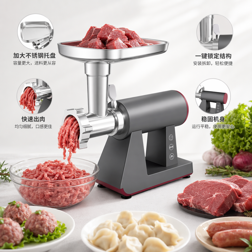 灰色电动绞肉机家用多功能碎肉机不锈钢刀头300W
