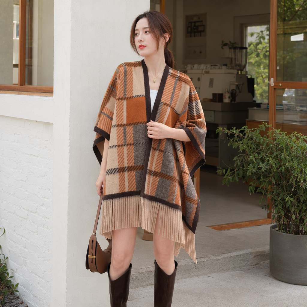 The checkered tassel shawl coat is a casual, versatile and fashionable outerwear for women in autumn and winter details Picture