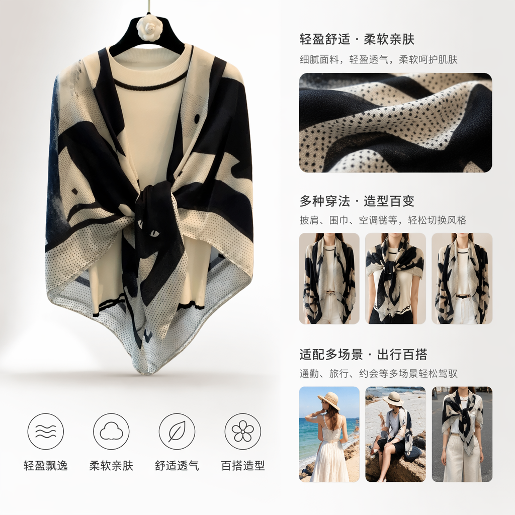 A black and white patterned scarf paired with a white high-neck sweater is a warm and fashionable accessory for autumn and winter full image