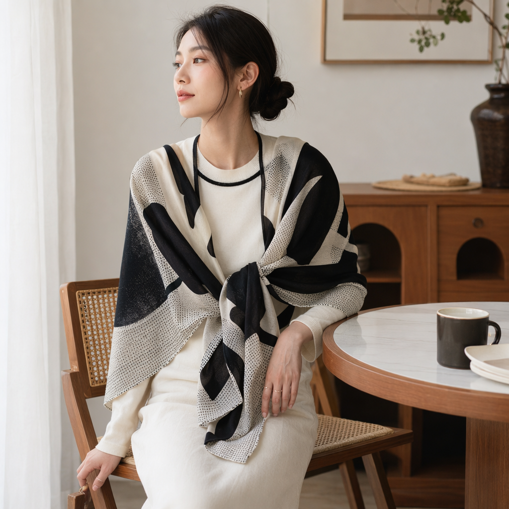 A black and white patterned scarf paired with a white high-neck sweater is a warm and fashionable accessory for autumn and winter details Picture