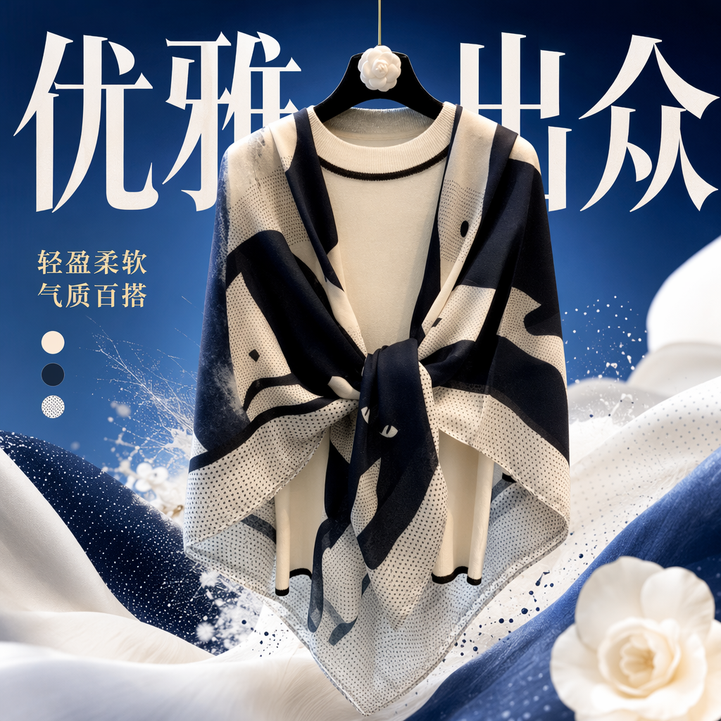 A black and white patterned scarf paired with a white high-neck sweater is a warm and fashionable accessory for autumn and winter Specification image
