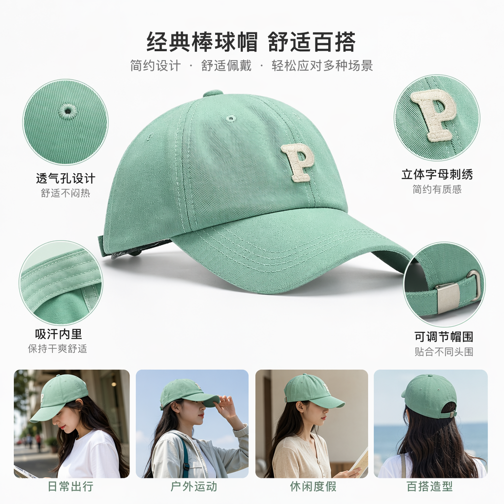 浅绿色棒球帽 男女通用 休闲百搭 帅气显白