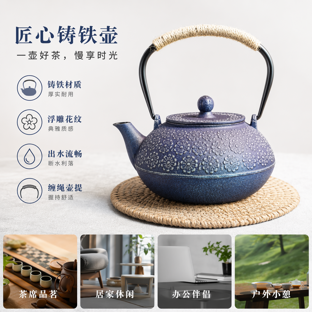 蓝色花纹铸铁茶壶 家用煮水壶 日式烧水壶 耐用养生壶