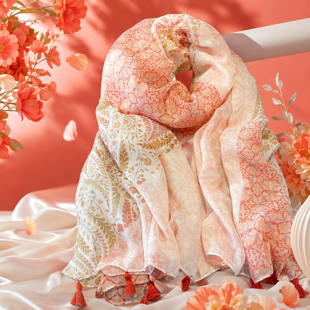 Pink floral pattern scarf, pure cotton, warm, fashionable and versatile for ladies in autumn and winter Specification image