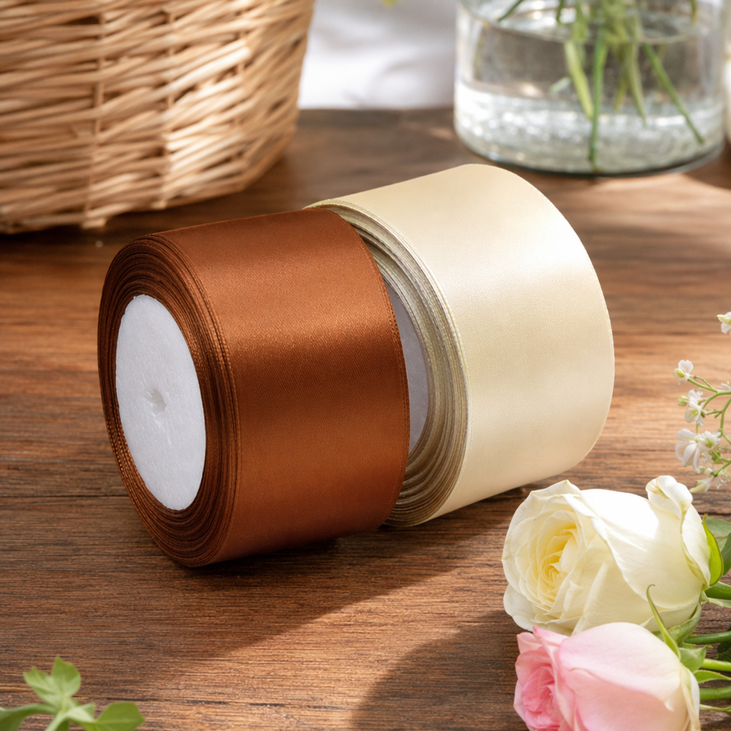 Brown and off-white silk ribbon rolls for clothing packaging and decoration details Picture