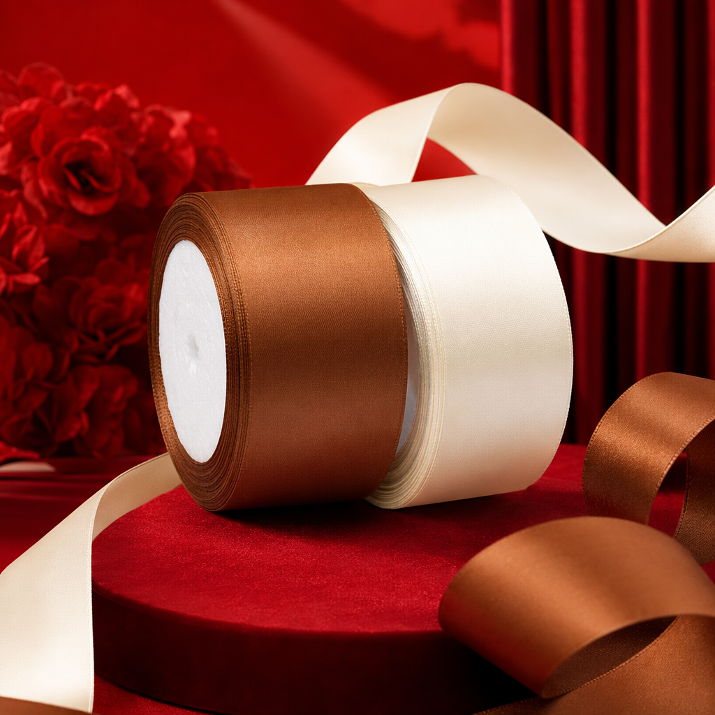 Brown and off-white silk ribbon rolls for clothing packaging and decoration Specification image
