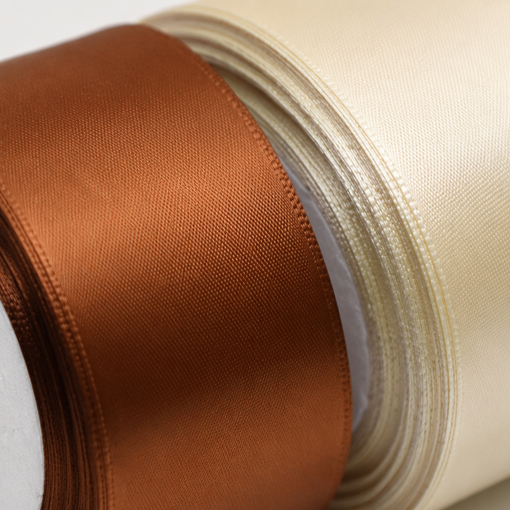Brown and off-white silk ribbon rolls for clothing packaging and decoration Application Scenario