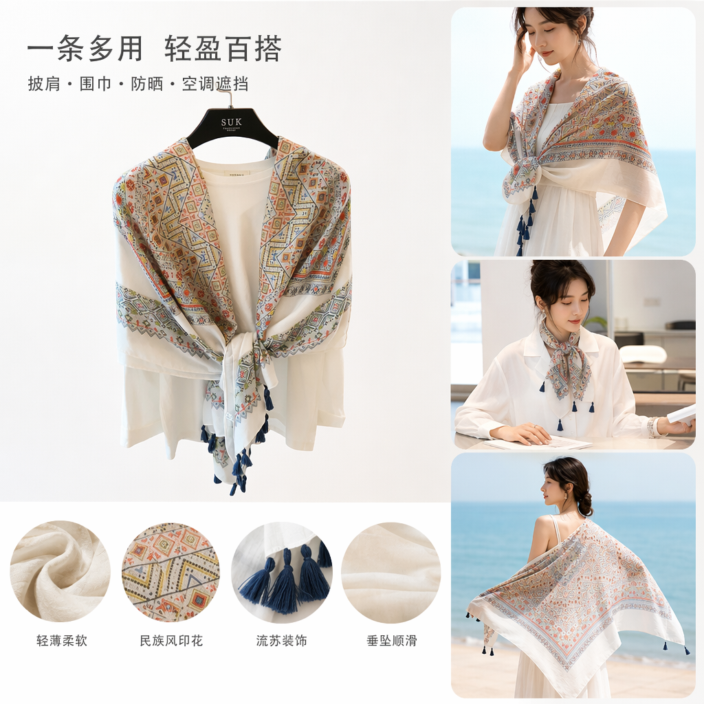 Colorful ethnic-style scarf, white top, long pure cotton warm, suitable for autumn and winter