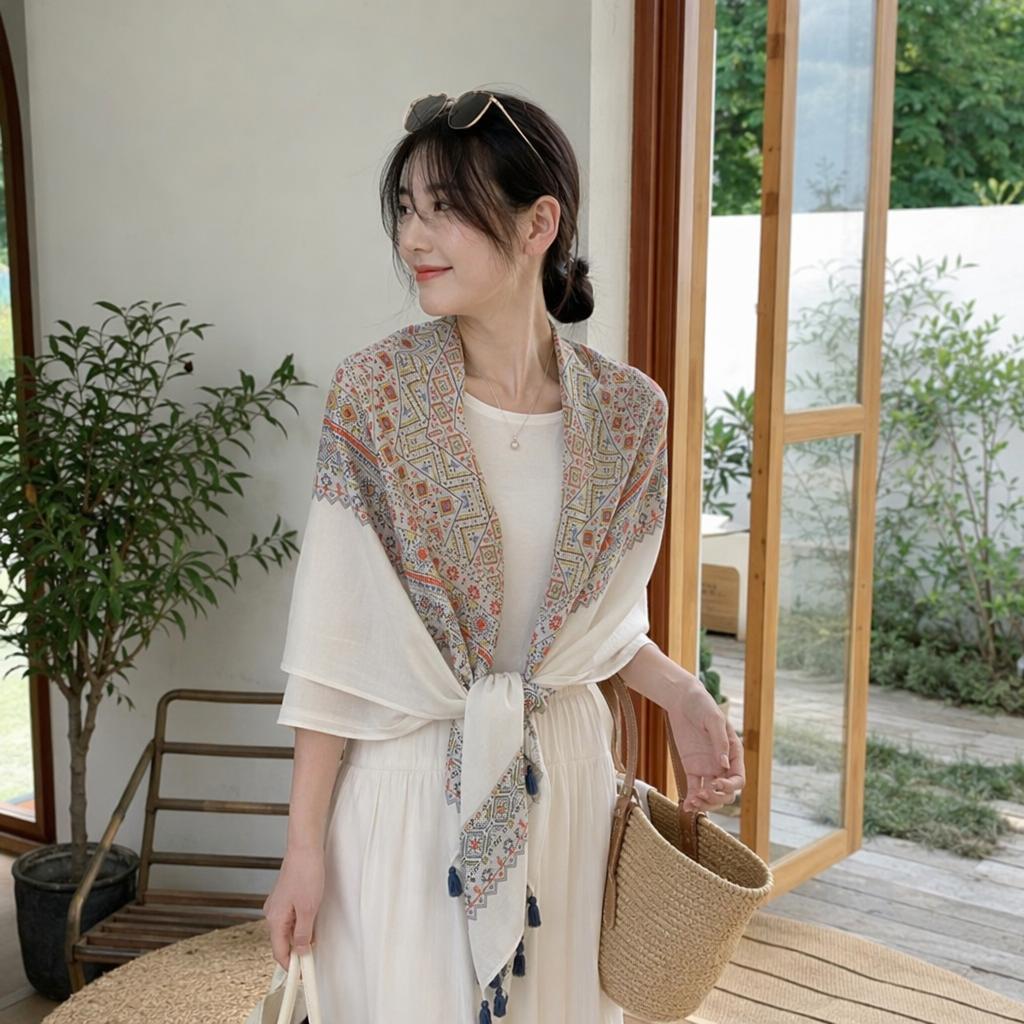 Colorful ethnic-style scarf, white top, long pure cotton warm, suitable for autumn and winter details Picture